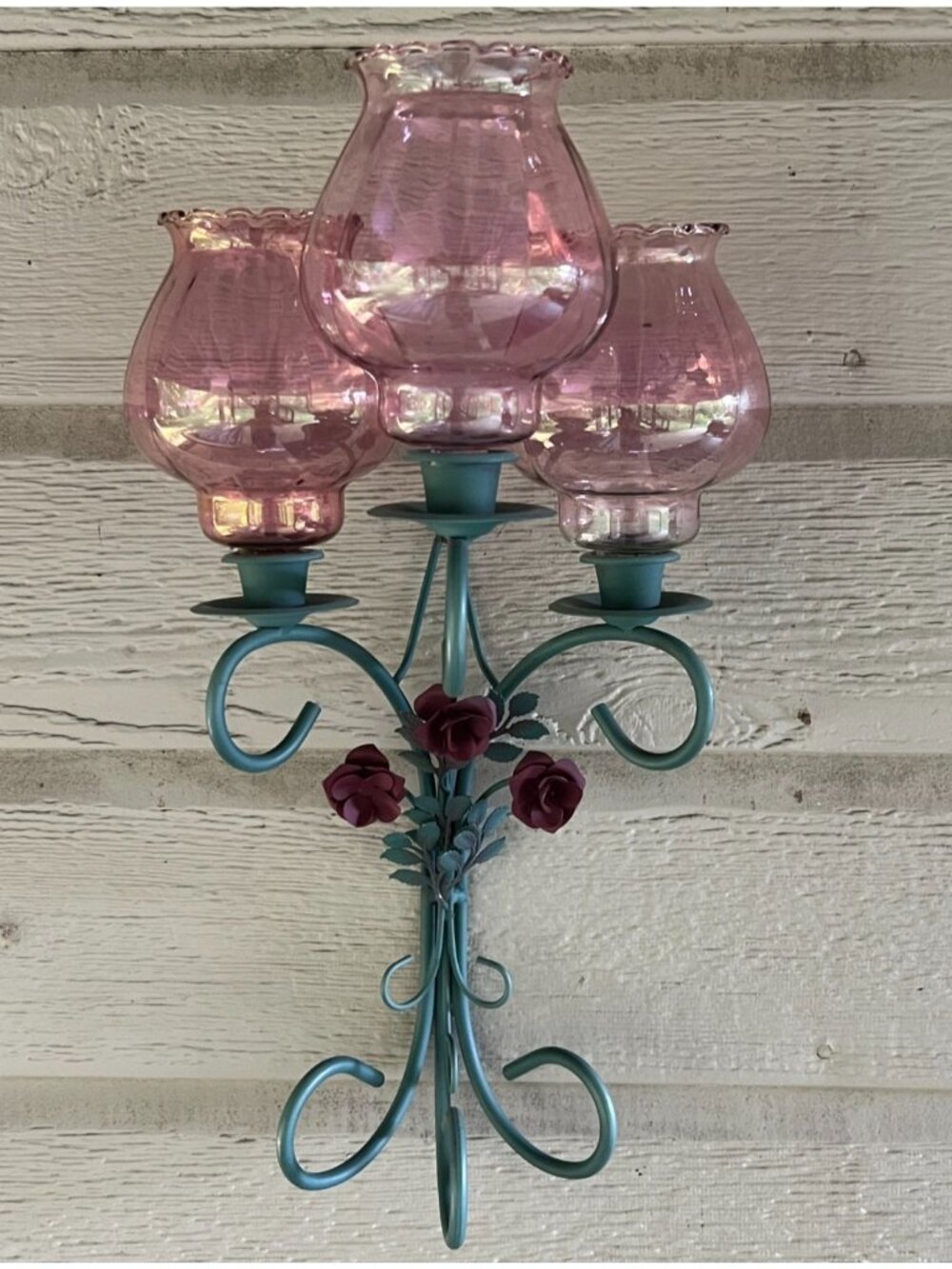 Vtg Green Toleware Triple Candelabra Wall Sconce 3 Globes Italian Regency Chic